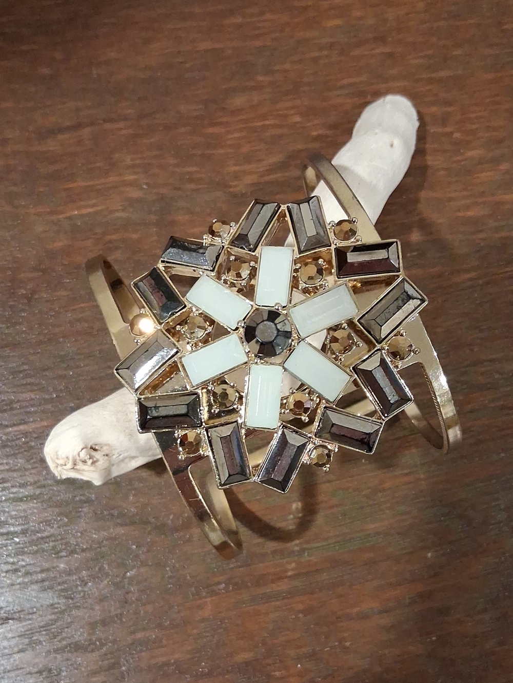 Gold-Tone Floral Mosaic Cuff Bracelet - White & Brown